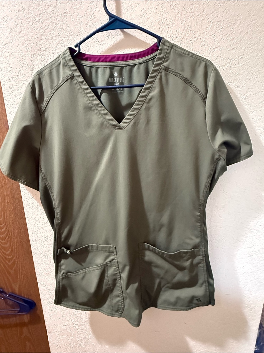 Med Couture Olive Green V-Neck Scrub Top with Plum Trim - Women